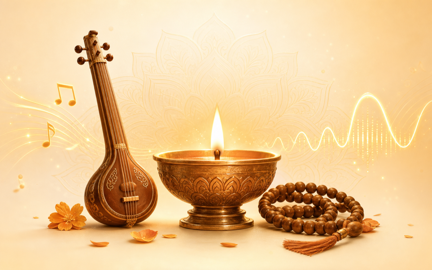 Diya, tanpura, mala, and sound waves representing devotional audio