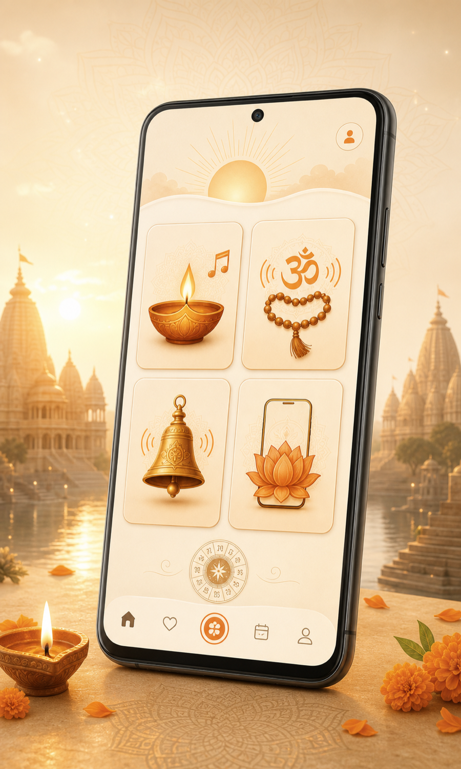 Illustration of the Prabhuji app with daily bhakti features